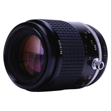 Nikon 105mm f2.8 Micro-Nikkor angled front view showing front glass and distance scale