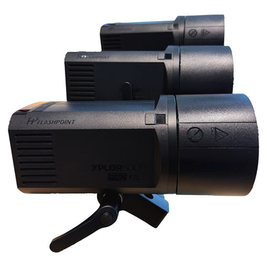 Flashpoint XPLOR600 PRO TTL R2 monolight side view showing branding and tilt bracket
