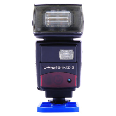 Metz 54MZ-3 flash front view with flash head, secondary reflector, and 54MZ-3 logo