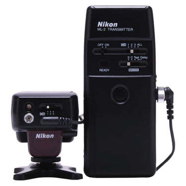 Nikon ML-2 transmitter front controls with receiver connected, front view