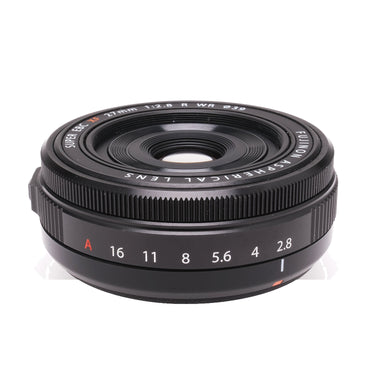 Fujifilm XF 27mm f2.8 R WR lens front angled view showing aperture ring and markings