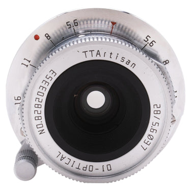 TTArtisan 28mm f5.6 front element straight-on with aperture and TTArtisan marking