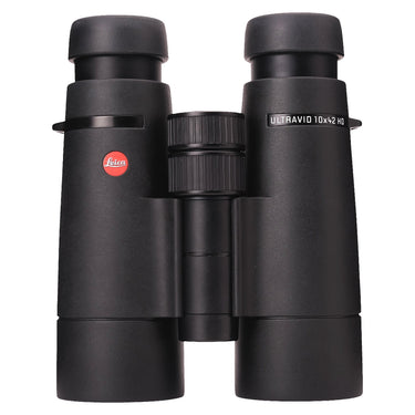 Leica Ultravid 10x42 HD binoculars front view with objective caps fitted