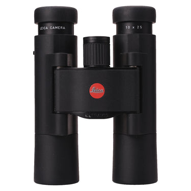 Leica Ultravid 10x25 binoculars front view with eyepiece caps, red Leica dot and 10x25 markings