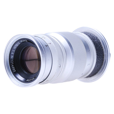Leica 9cm f4 Elmar angled view of front glass and chrome barrel