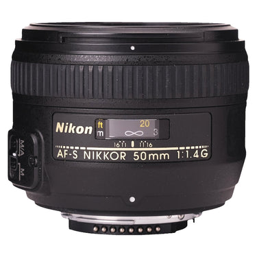 Nikon AF-S Nikkor 50mm f1.4G front three-quarter view showing badge and distance scale window