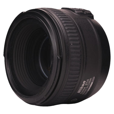 Nikon AF-S Nikkor 50mm f1.4G angled view showing focus ring and 58mm filter marking