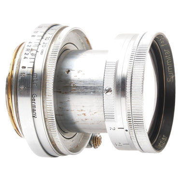 Leica 5cm f2 Summitar side view showing distance scale and extended barrel