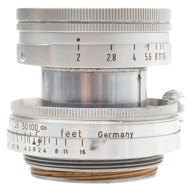 Leica 5cm f2 Summicron side view showing aperture scale and distance scale