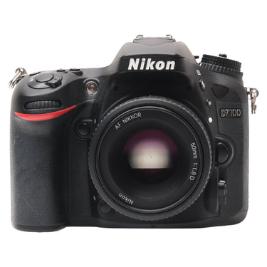 Nikon D7100 front view with AF 50mm f1.8 D lens mounted