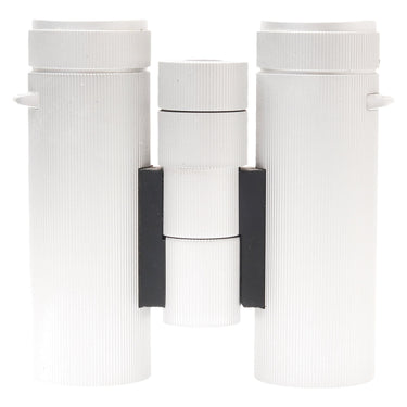 Leica Ultravid 8x32 Zagato binoculars, front view of silver barrels and central hinge