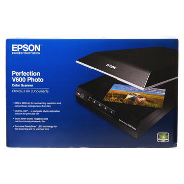 Epson Perfection V600 Photo color scanner sealed retail box, front panel with product image and feature list