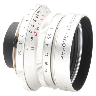 Voigtlander Snapshot Skopar side view showing engraving and metal hood