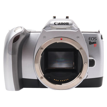 Canon EOS Rebel Ti front view with bare EF lens mount and built-in flash
