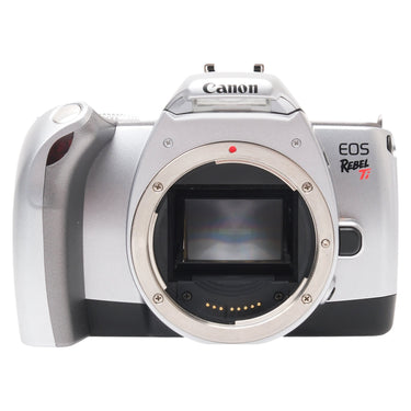 Canon EOS Rebel Ti front view with bare EF lens mount and built-in flash