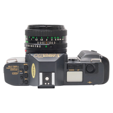 Canon T70 top plate with mode controls, hot shoe, and LCD