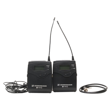 Sennheiser EW100 G3 SK 100 transmitter and EK 100 receiver front view with antennas, lavalier mic, and cable