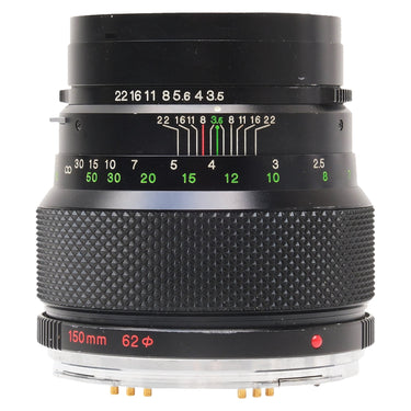 Zenza Bronica 150mm f3.5 Zenzanon front view with aperture and depth-of-field scales