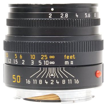 Leica 50mm f2 Summicron-M side view showing aperture and focus distance scales