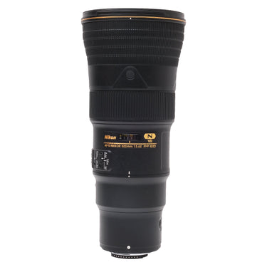 Nikon AF-S 500mm f5.6E PF ED lens standing upright, front barrel and focus scale window