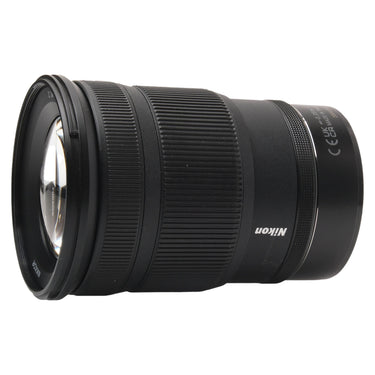 Nikon Z 24-120mm f4 S angled side view with front element and country markings