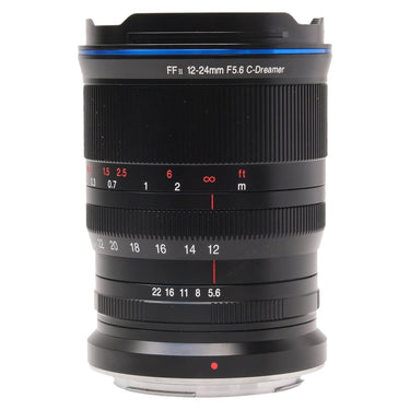 Laowa 12-24mm f5.6 C-Dreamer FFII front view with hood, focus and zoom scales