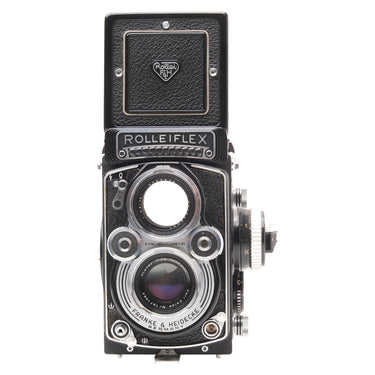 Rolleiflex 3.5F front view with Zeiss Planar taking lens and viewing lens