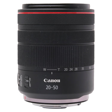 Canon RF 20-50mm f4 L side view showing zoom scale, Canon logo, and stabilizer and AF/MF switches