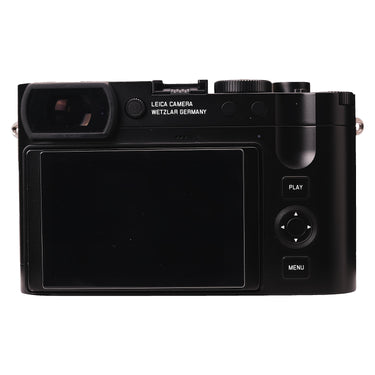 Leica Q3 rear view with LCD screen, EVF, and PLAY/MENU controls
