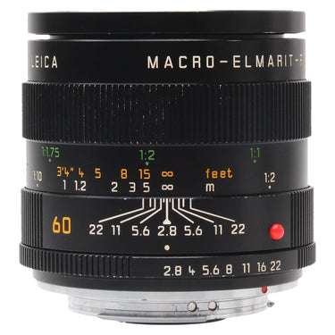 Leica 60mm f2.8 Macro-Elmarit-R front barrel view with aperture and depth of field scale