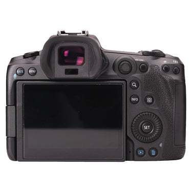 Canon EOS R5 rear view showing LCD screen, viewfinder and control buttons