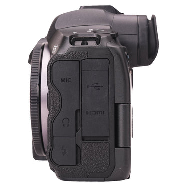 Canon EOS R5 left side showing MIC, headphone, HDMI and USB port covers