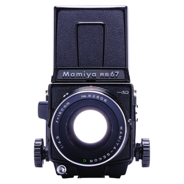 Mamiya RB67 Pro SD front view with 180mm f4.5 lens and waist-level finder raised
