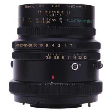 Mamiya K/L 90mm f3.5 L lens side view showing shutter speed and aperture scales