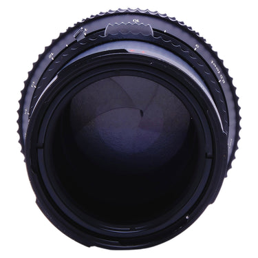 Hasselblad 250mm Sonnar front element view showing aperture blades and distance scale