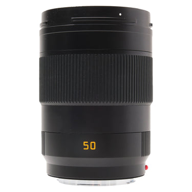 Leica APO-Summicron-SL 50mm f2 front view with lens hood mounted and 50 marking