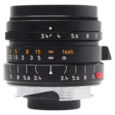 Leica 21mm f3.4 Super-Elmar-M top view showing aperture ring and depth-of-field scale