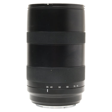 Hasselblad XCD 35-75mm lens standing upright showing zoom scale and focus ring