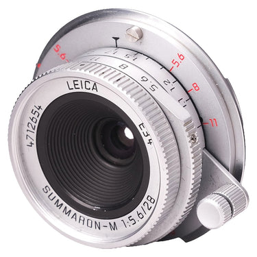 Leica Summaron-M 28mm angled front view showing front glass and scales