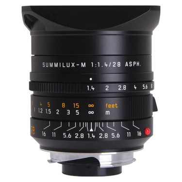 Leica Summilux-M 28mm f1.4 ASPH front three-quarter with lens hood and aperture scale