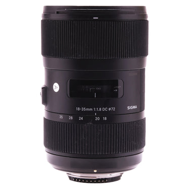 Sigma 18-35mm f1.8 DC Art side view showing focal length scale, distance window, and Nikon F mount