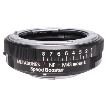 Metabones NF-M43 Speed Booster Nikon F mount side with aperture scale and branding