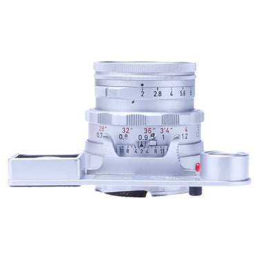 Leica Summicron 50mm f2 Dual Range side view with aperture scale and folded goggles bracket