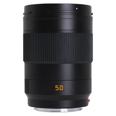Leica APO-Summicron-SL 50mm f2 side view with lens shade mounted, bayonet mount at base
