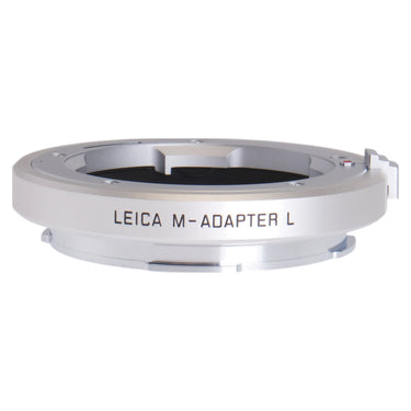 Leica M-Adapter L silver, angled view showing M bayonet mount and LEICA M-ADAPTER L engraving