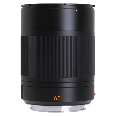 Leica APO-Macro-Elmarit-TL 60mm front view with lens hood mounted and orange 60 marking