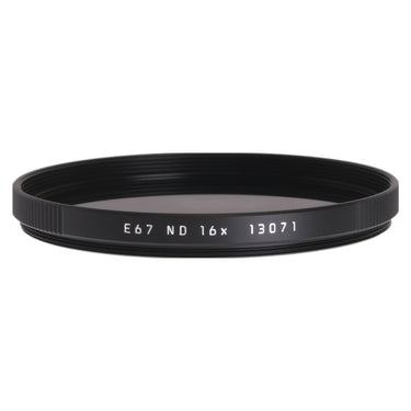 Leica E67 ND 16x filter angled view showing E67 ND 16x 13071 front ring engraving