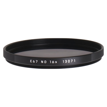 Leica E67 ND 16x filter angled view with E67 ND 16x 13071 engraving on the ring