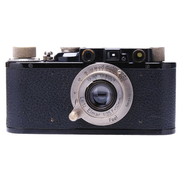 Leica II black paint camera front with Leitz Elmar 50mm f3.5 lens