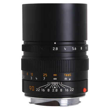 Leica 90mm f2.8 Elmarit-M lens upright showing aperture scale and depth-of-field markings
